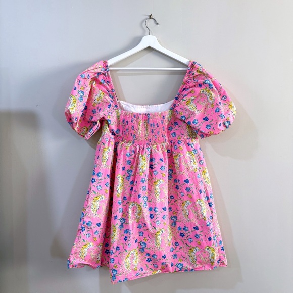 Lilly Pulitzer Puff Sleeve Pink Floral Leopard Dress Women’s 16 Fit & Flare - Picture 3 of 10